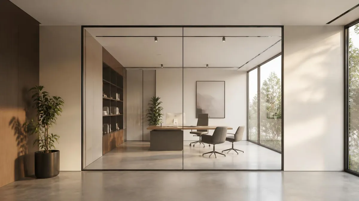 Oficina con escritorio y sillas vista a través de un vidrio Smart Film transparente