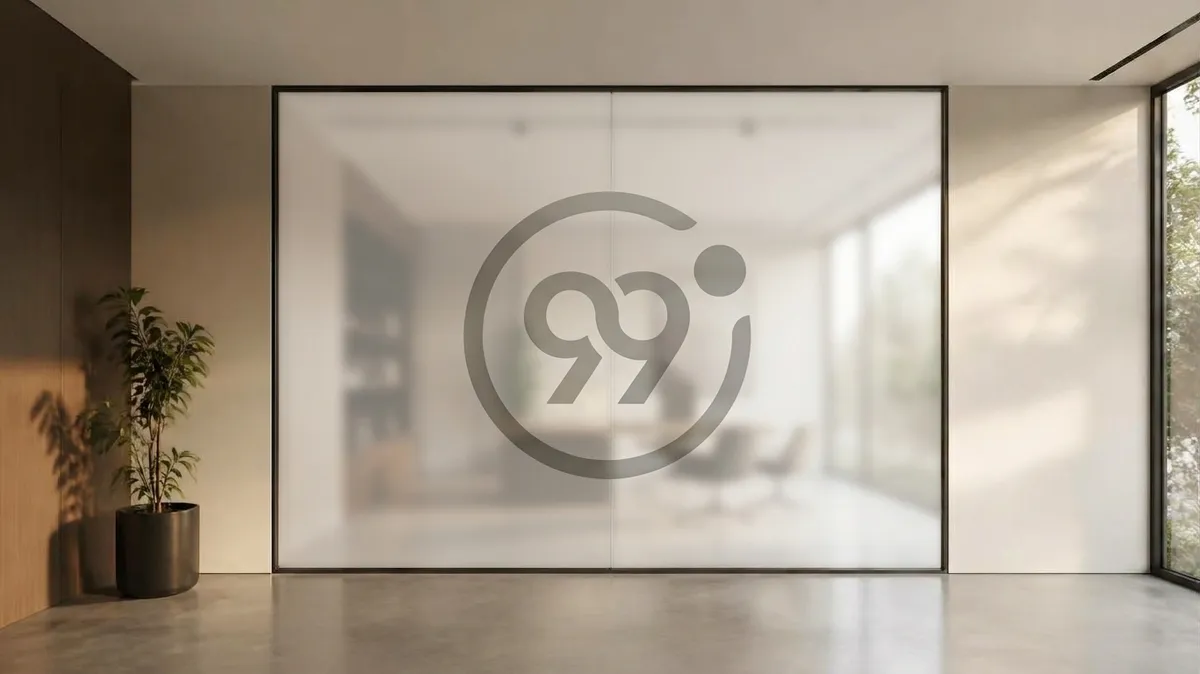 Sala de oficina detrás de un vidrio Smart Film opaco con el logo de 99 Degrees